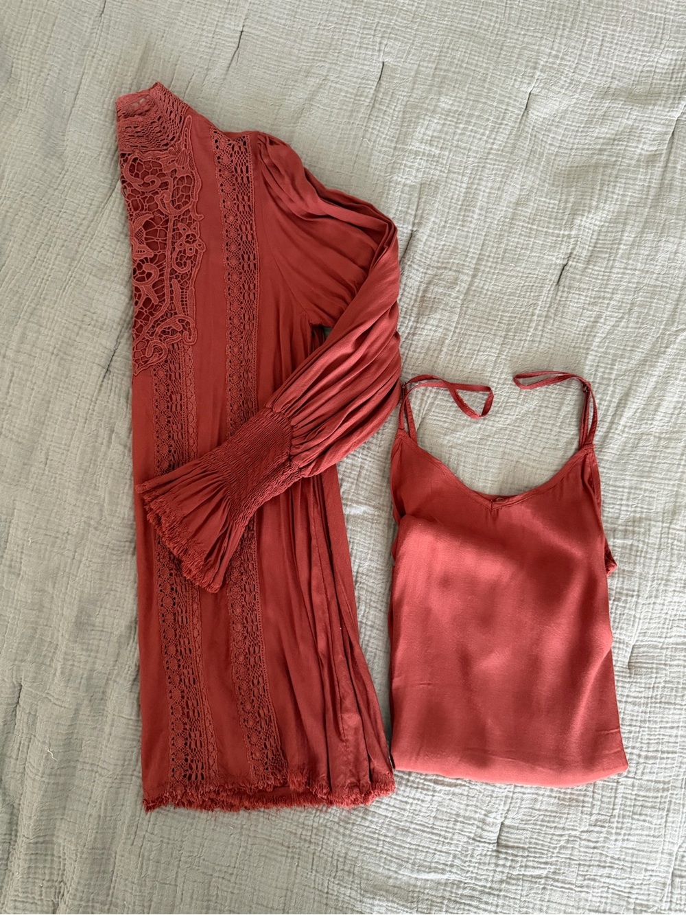 Free People FP One Victorian Lace Mini Dress Rust Smocked Cuff Size S